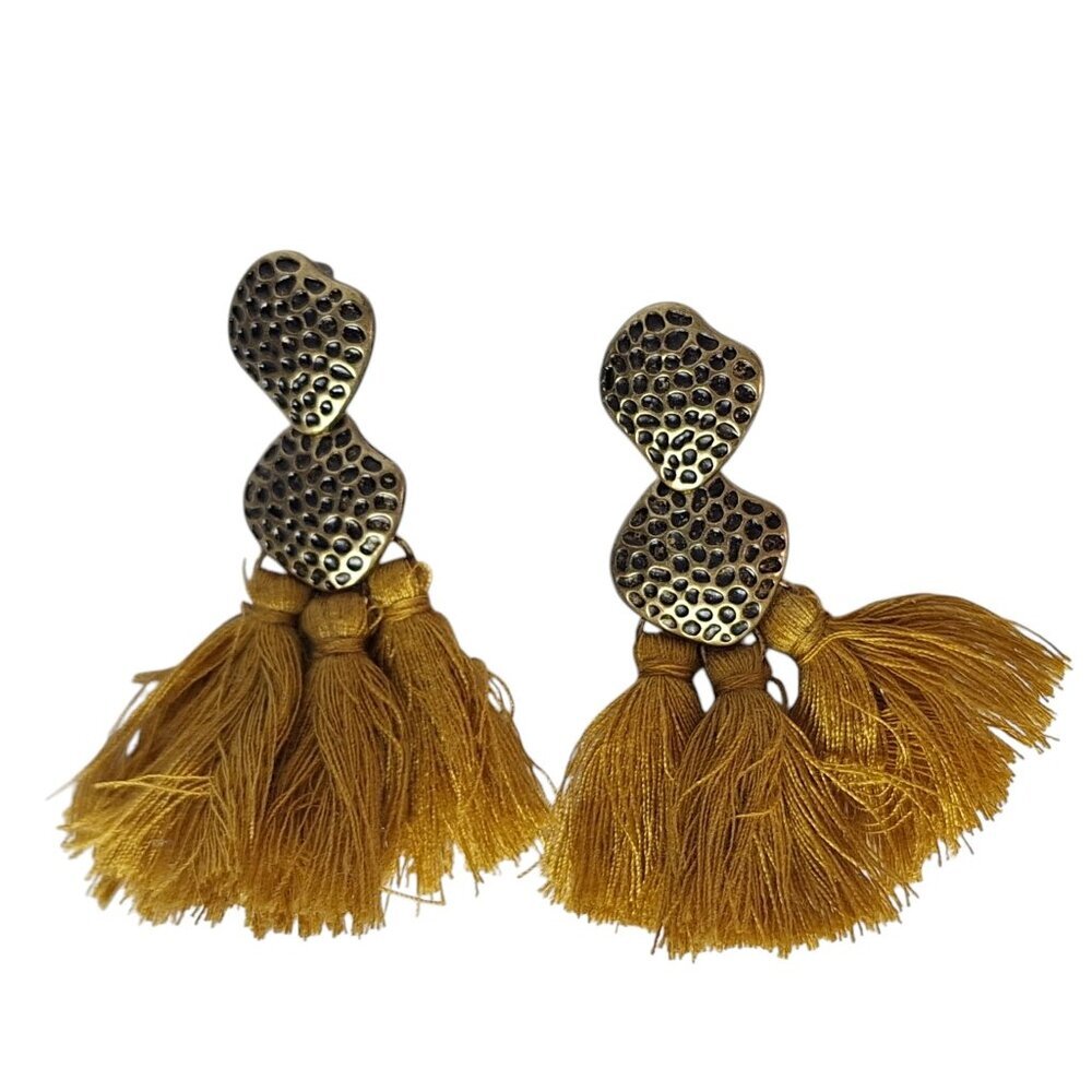 Mustard Yellow Tassel Earrings Hammered Bronze Textured Statement Western